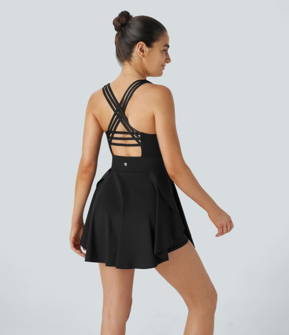 Square Neck Backless Crisscross 2-in-1 Side Pocket Layered Mini Active Dress  | Womens  Active Dresses Active Dresses Active Dresses