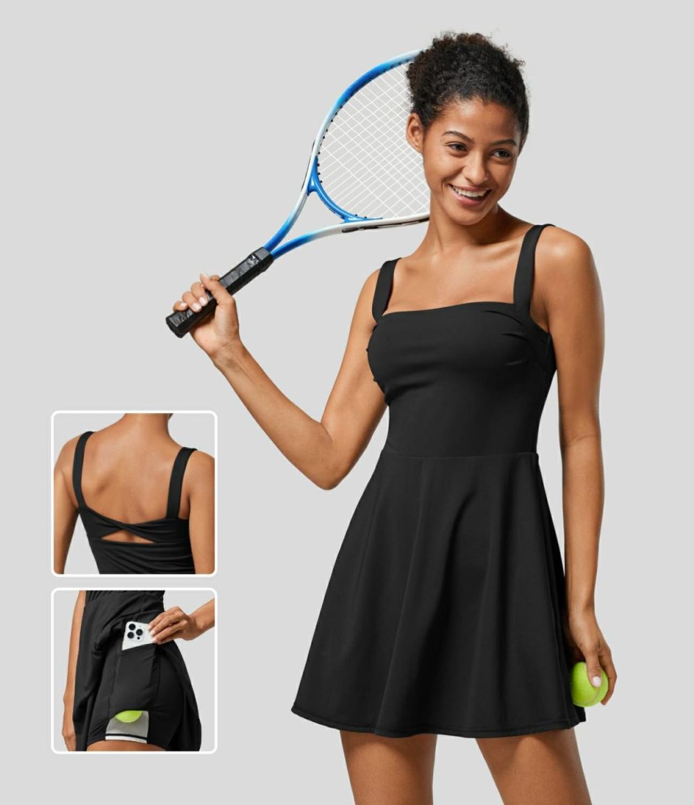 Square Neck Backless Twisted Cut Out 2-in-1 Side Pocket Mini Quick Dry Tennis Active Dress  | Womens  Active Dresses Active Dresses Active Dresses