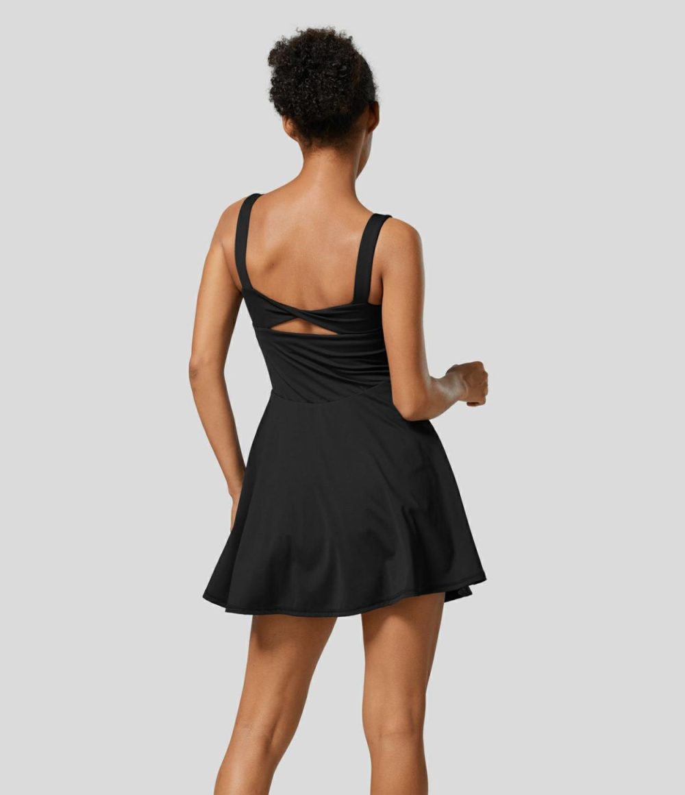 Square Neck Backless Twisted Cut Out 2-in-1 Side Pocket Mini Quick Dry Tennis Active Dress  | Womens  Active Dresses Active Dresses Active Dresses