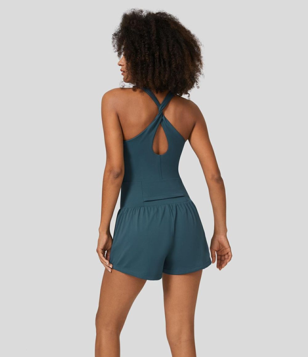 Square Neck Backless Twisted Teardrop 2-in-1 Back & Side Pocket Yoga Jumpsuit  | Womens  Rompers Clothing Majolica Blue/Black