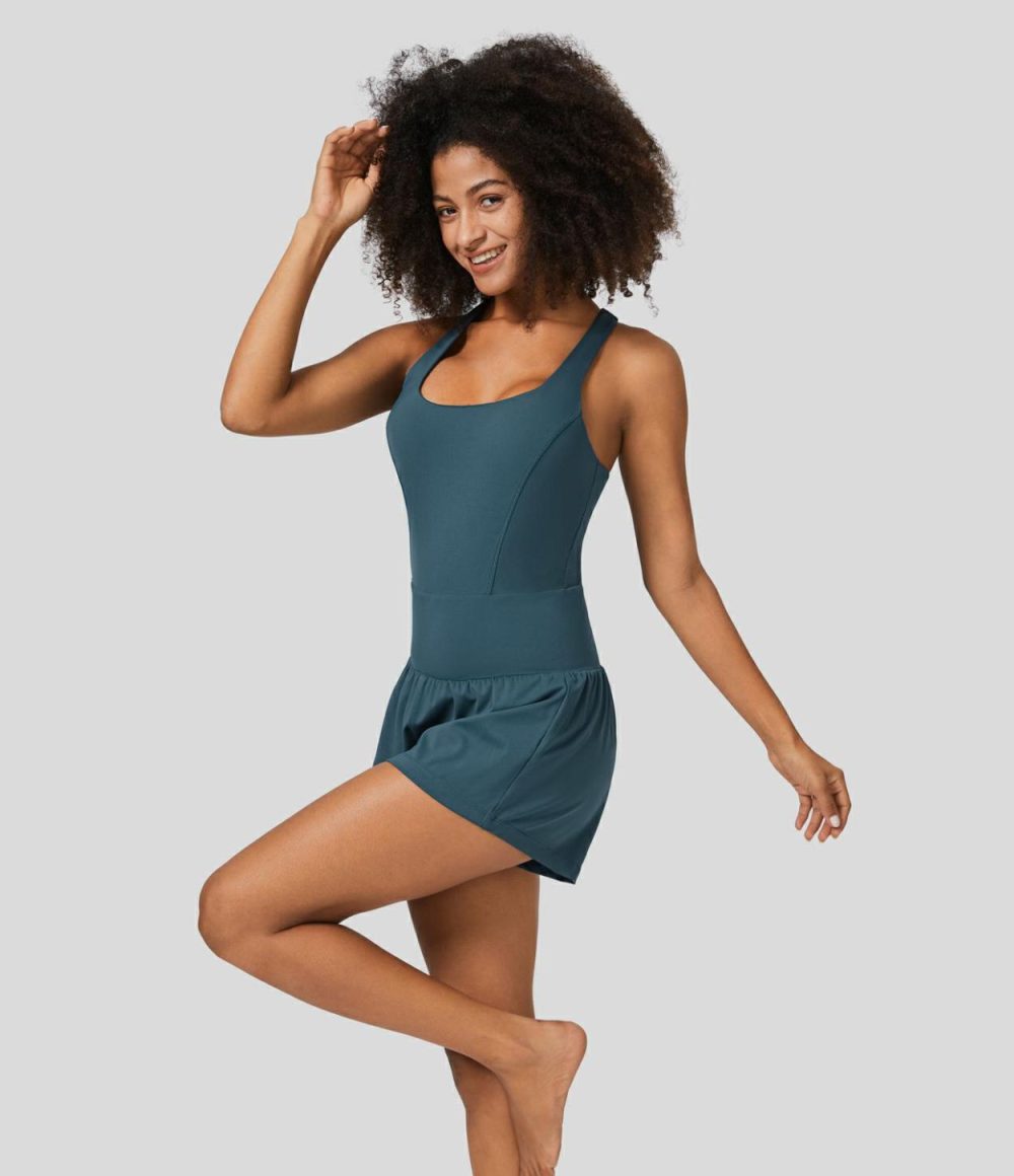 Square Neck Backless Twisted Teardrop 2-in-1 Back & Side Pocket Yoga Jumpsuit  | Womens  Rompers Clothing Majolica Blue/Black