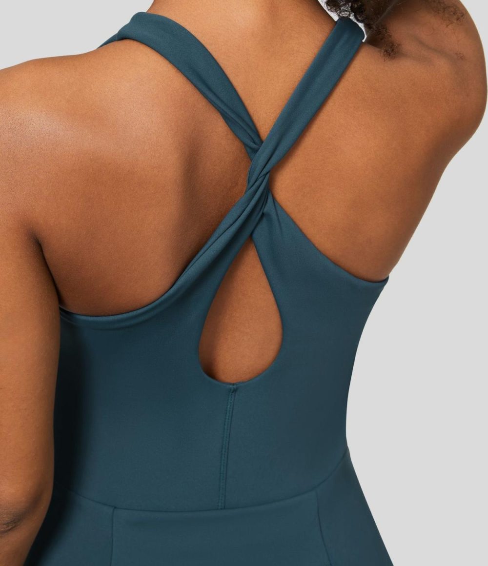 Square Neck Backless Twisted Teardrop 2-in-1 Back & Side Pocket Yoga Jumpsuit  | Womens  Rompers Clothing Majolica Blue/Black