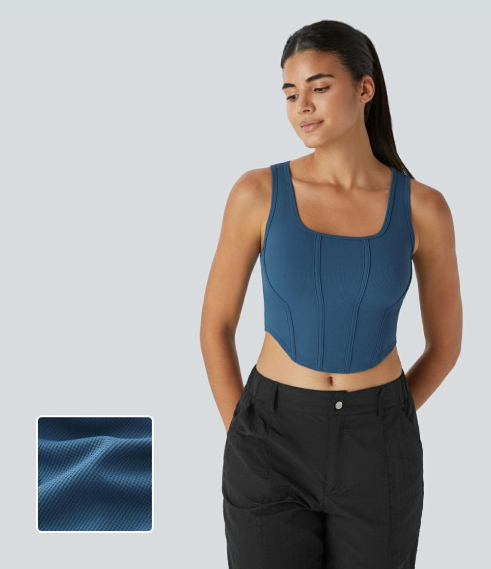 Square Neck Curved Hem Cropped Waffle Knit Casual Tank Top  | Womens  Cropped Tops Clothing Cropped Tops