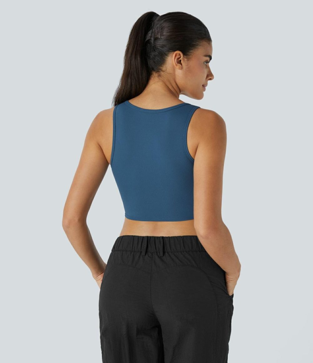 Square Neck Curved Hem Cropped Waffle Knit Casual Tank Top  | Womens  Cropped Tops Clothing Cropped Tops