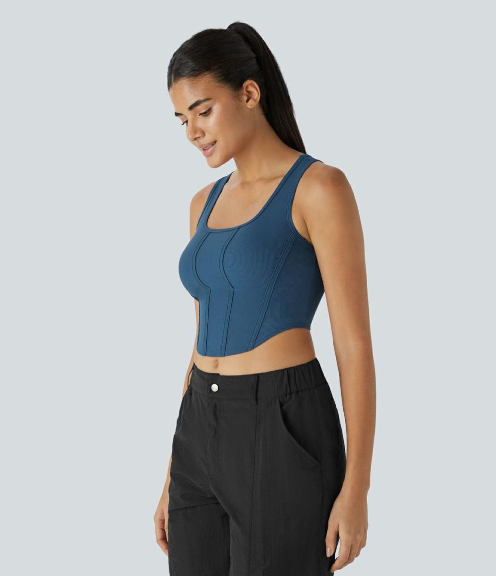 Square Neck Curved Hem Cropped Waffle Knit Casual Tank Top  | Womens  Cropped Tops Clothing Cropped Tops