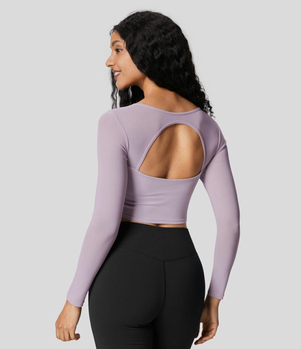 Square Neck Long Sleeve Backless Contrast Mesh Curved Hem Cropped Yoga Sports Top  | Womens  Sports Tops Clothing Pink Purple/Ivory