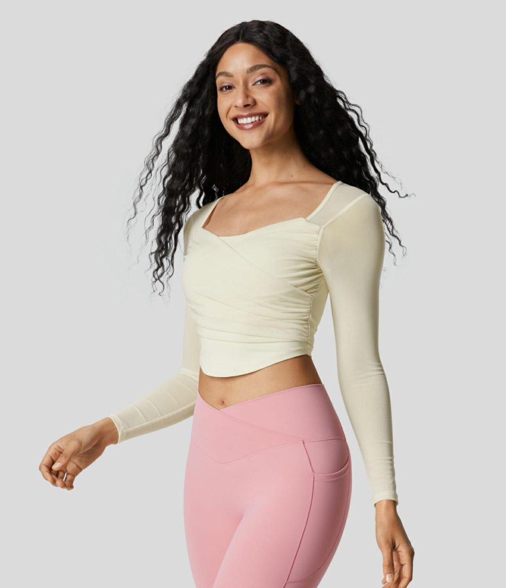 Square Neck Long Sleeve Backless Contrast Mesh Curved Hem Cropped Yoga Sports Top  | Womens  Sports Tops Clothing Pink Purple/Ivory