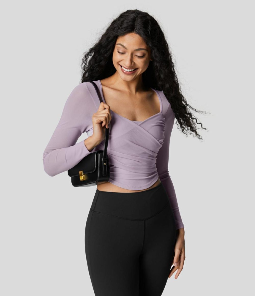 Square Neck Long Sleeve Backless Contrast Mesh Curved Hem Cropped Yoga Sports Top  | Womens  Sports Tops Clothing Pink Purple/Ivory