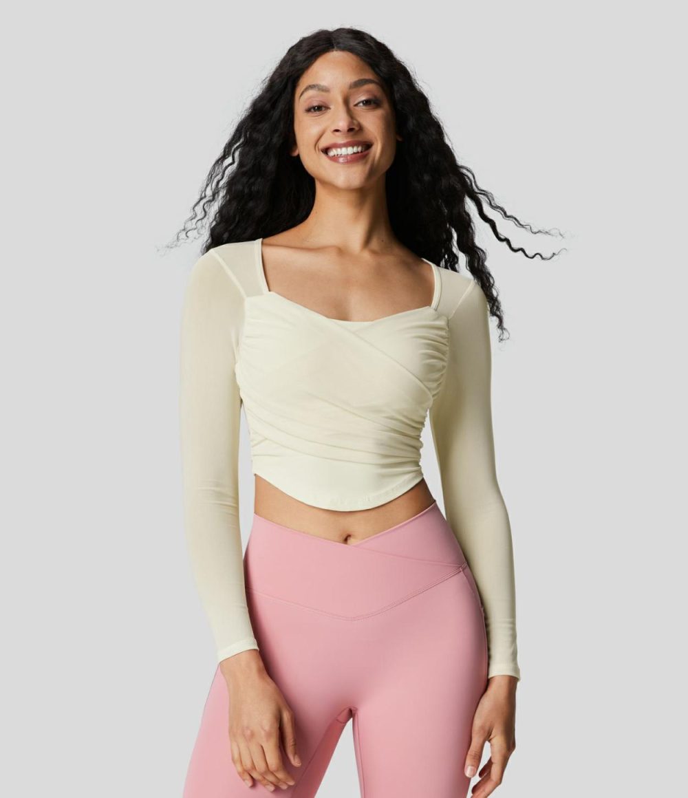 Square Neck Long Sleeve Backless Contrast Mesh Curved Hem Cropped Yoga Sports Top  | Womens  Sports Tops Clothing Pink Purple/Ivory