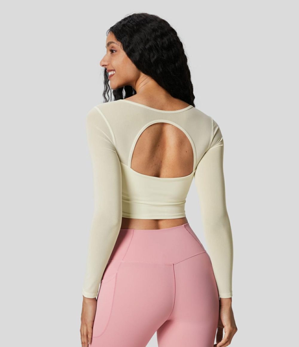 Square Neck Long Sleeve Backless Contrast Mesh Curved Hem Cropped Yoga Sports Top  | Womens  Sports Tops Clothing Pink Purple/Ivory