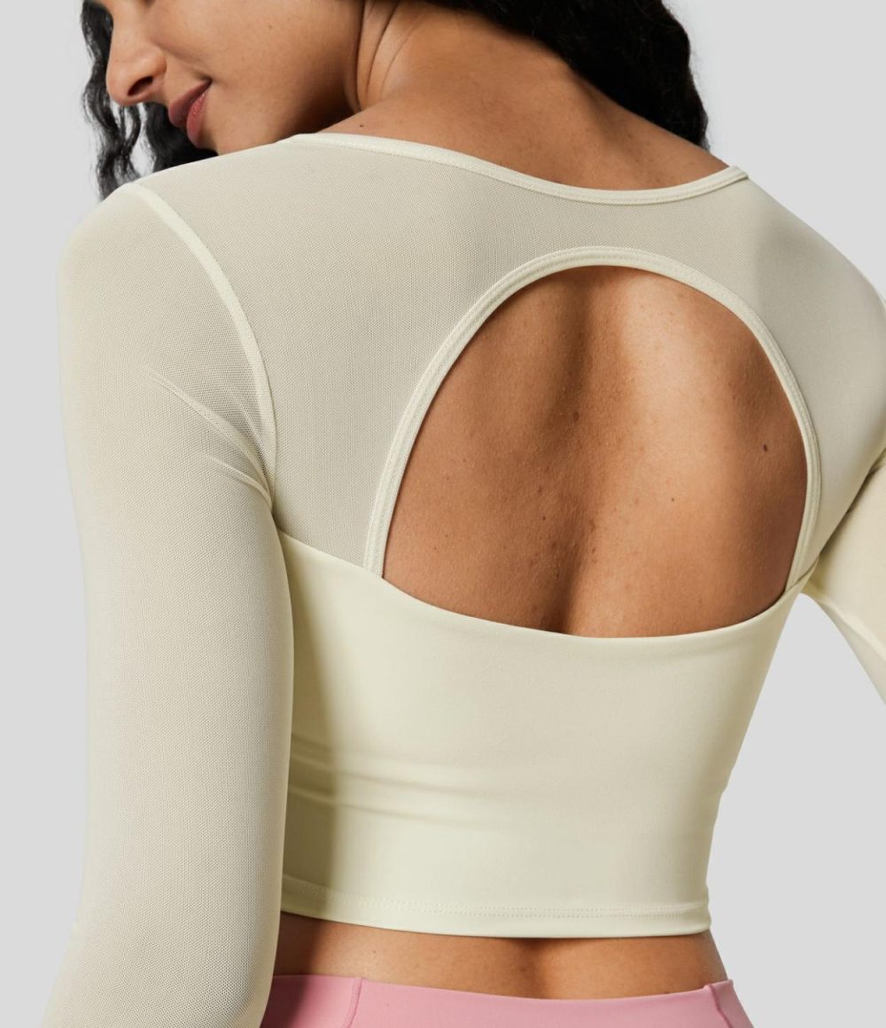 Square Neck Long Sleeve Backless Contrast Mesh Curved Hem Cropped Yoga Sports Top  | Womens  Sports Tops Clothing Pink Purple/Ivory