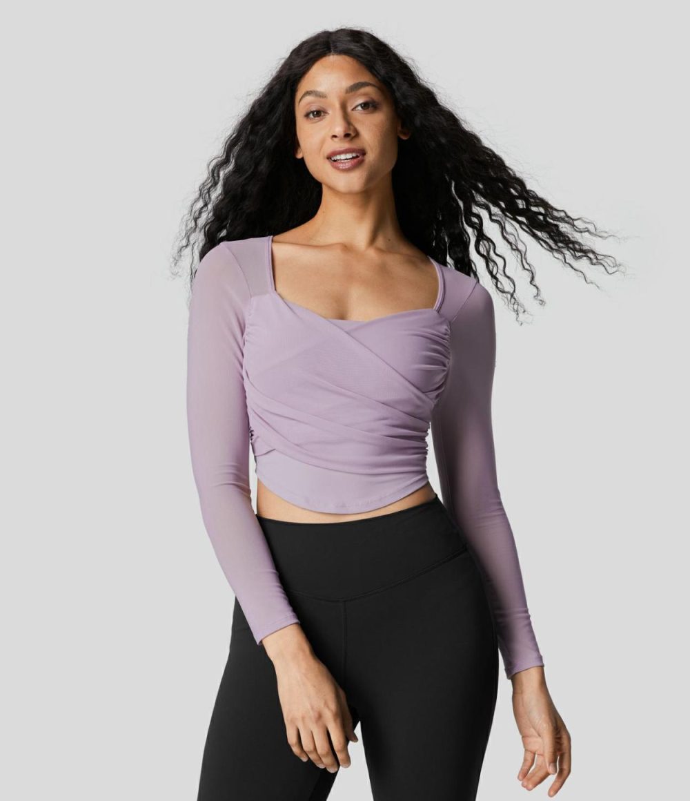 Square Neck Long Sleeve Backless Contrast Mesh Curved Hem Cropped Yoga Sports Top  | Womens  Sports Tops Clothing Pink Purple/Ivory