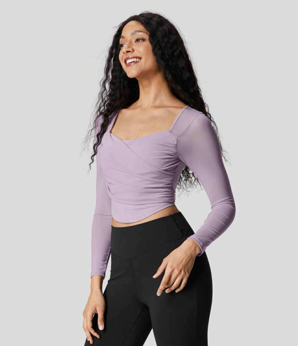 Square Neck Long Sleeve Backless Contrast Mesh Curved Hem Cropped Yoga Sports Top  | Womens  Sports Tops Clothing Pink Purple/Ivory