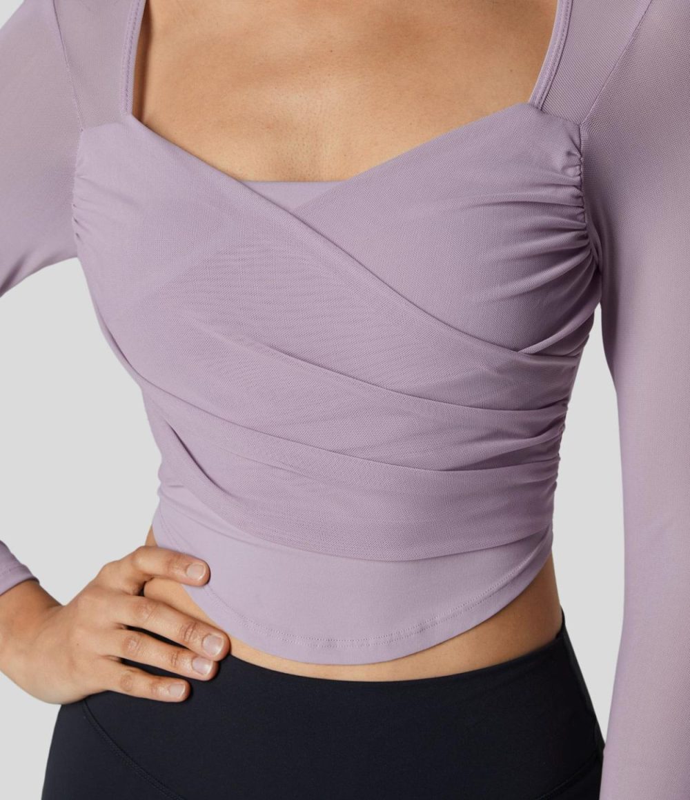 Square Neck Long Sleeve Backless Contrast Mesh Curved Hem Cropped Yoga Sports Top  | Womens  Sports Tops Clothing Pink Purple/Ivory