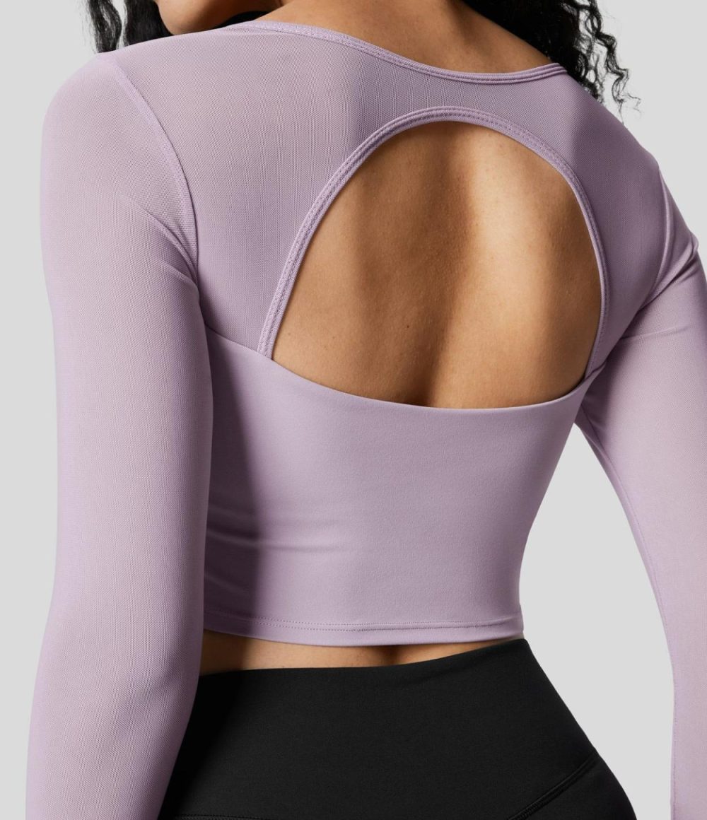 Square Neck Long Sleeve Backless Contrast Mesh Curved Hem Cropped Yoga Sports Top  | Womens  Sports Tops Clothing Pink Purple/Ivory