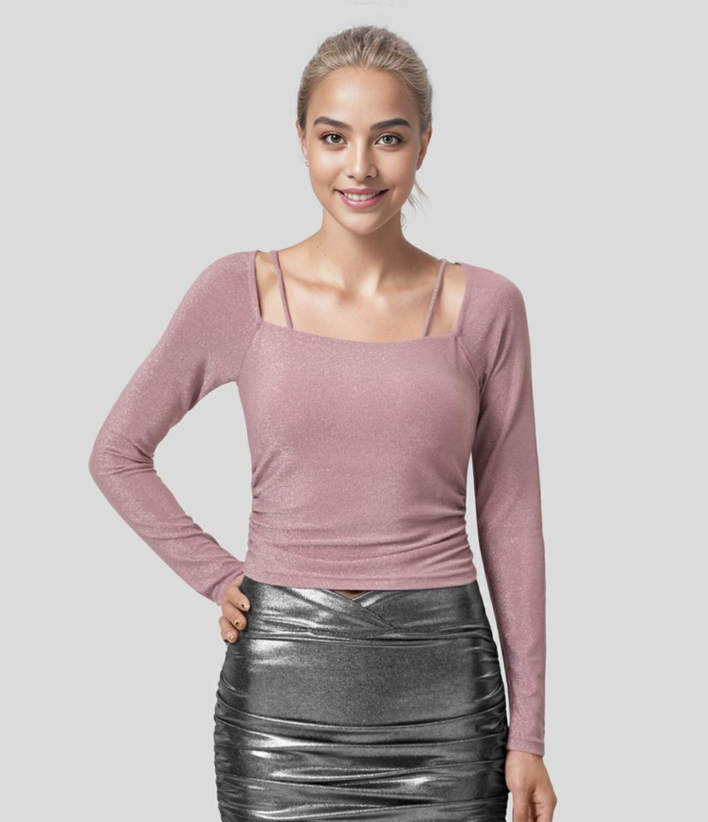 Square Neck Long Sleeve Ruched Metallic Party Top  | Womens  Long Sleeve Tops Clothing Glitter Black Blue/Glitter Apricot Pink