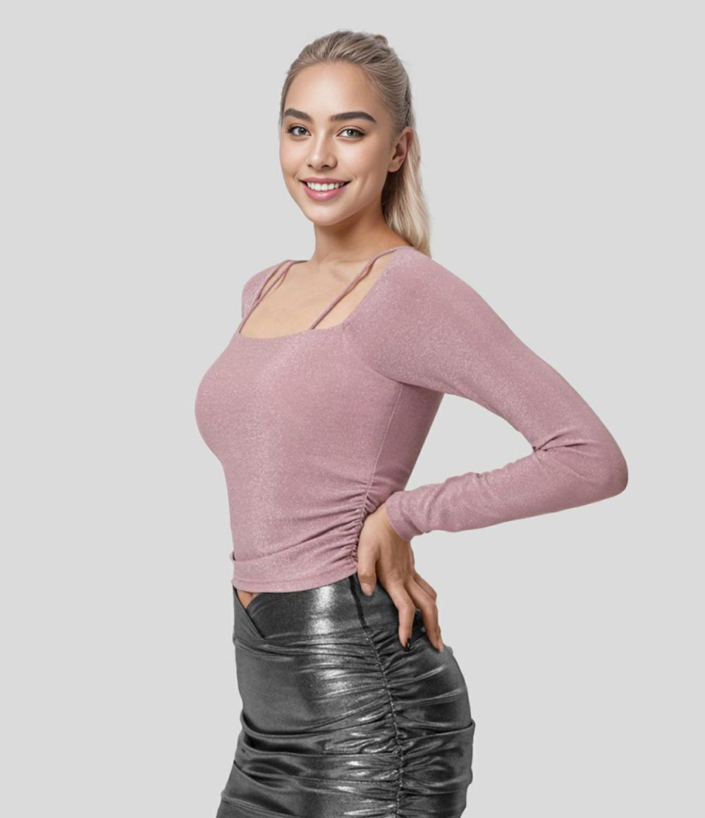 Square Neck Long Sleeve Ruched Metallic Party Top  | Womens  Long Sleeve Tops Clothing Glitter Black Blue/Glitter Apricot Pink