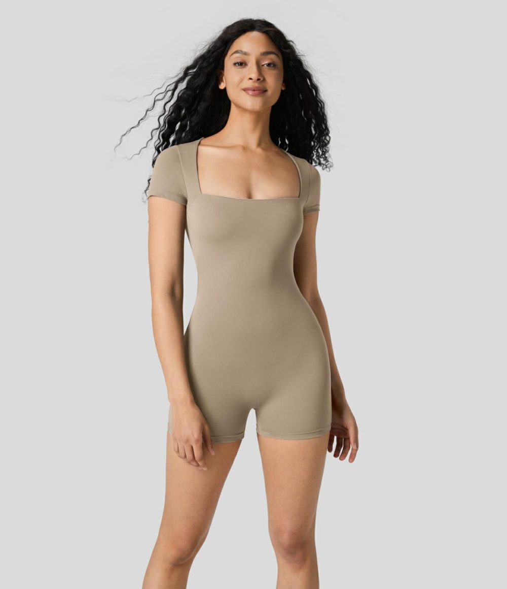 Square Neck Removable Cups Skinny Yoga Jumpsuit  | Womens  Rompers Clothing Larkspur/Fog