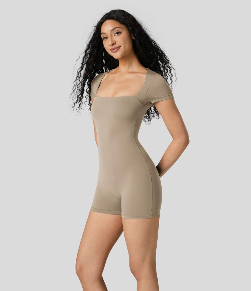 Square Neck Removable Cups Skinny Yoga Jumpsuit  | Womens  Rompers Clothing Larkspur/Fog