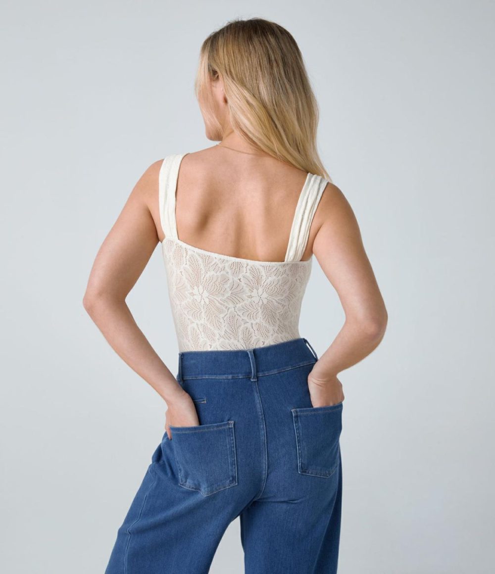 Square Neck Sleeveless Backless Skinny Lace Casual Bodysuit  | Womens  Bodysuits Bodysuits Bodysuits