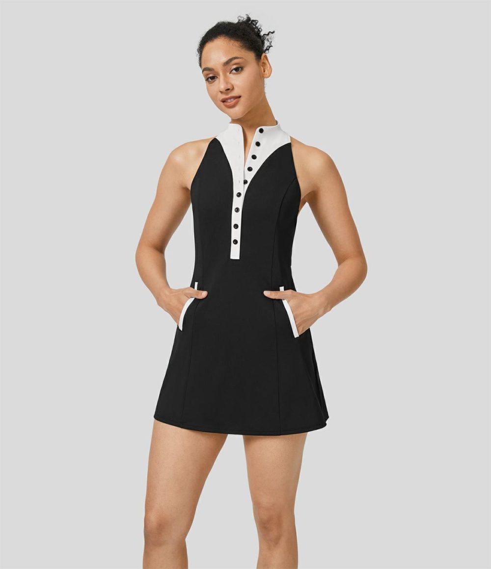 Stand Collar Button Backless Pocket Quick Dry Mini Golf Active Dress  | Womens  Active Dresses Active Dresses Active Dresses