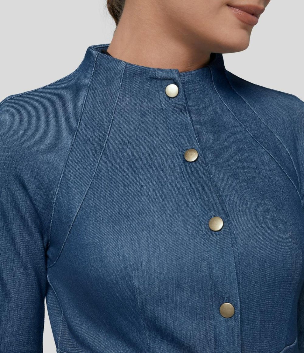 Stand Collar Button Long Sleeve Pocket Stretchy Knit Denim Slim Work Jacket  | Womens  Denim Shorts Clothing Denim Shorts