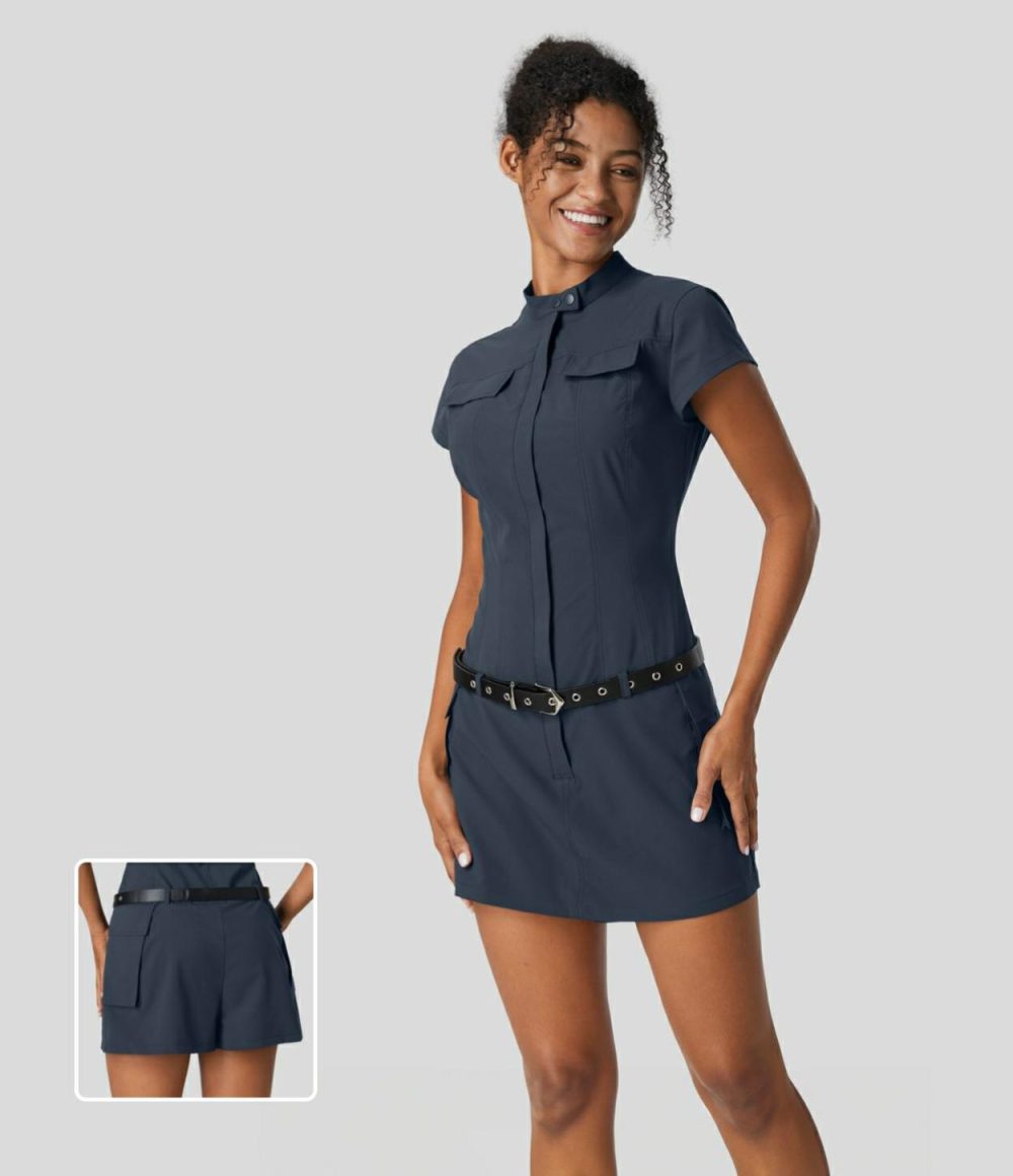 Stand Collar Button Zipper Pocket Mini Cargo Hiking Active Dress-No Belt  | Womens  Active Dresses Active Dresses Active Dresses