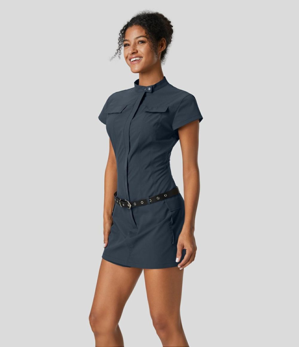 Stand Collar Button Zipper Pocket Mini Cargo Hiking Active Dress-No Belt  | Womens  Active Dresses Active Dresses Active Dresses