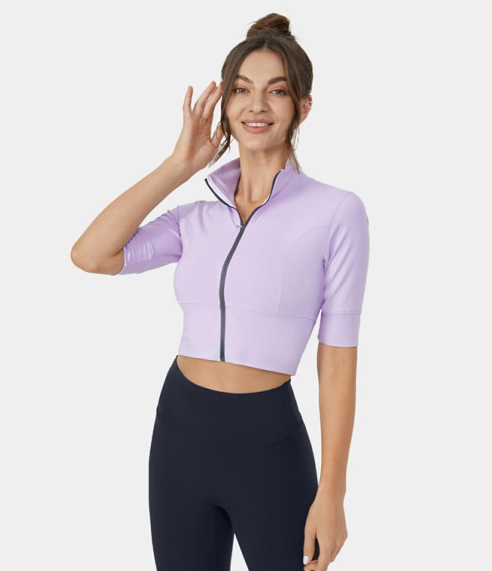 Stand Collar Half Sleeve Zip Front Cropped Golf Sports Top  | Womens  Sports Tops Clothing Lavender Fog/Black/White