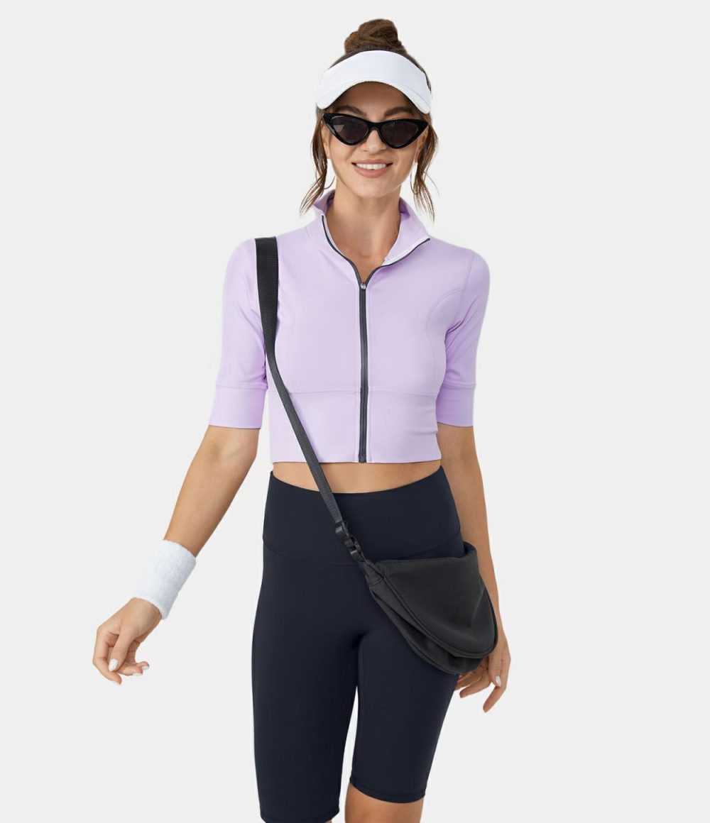 Stand Collar Half Sleeve Zip Front Cropped Golf Sports Top  | Womens  Sports Tops Clothing Lavender Fog/Black/White