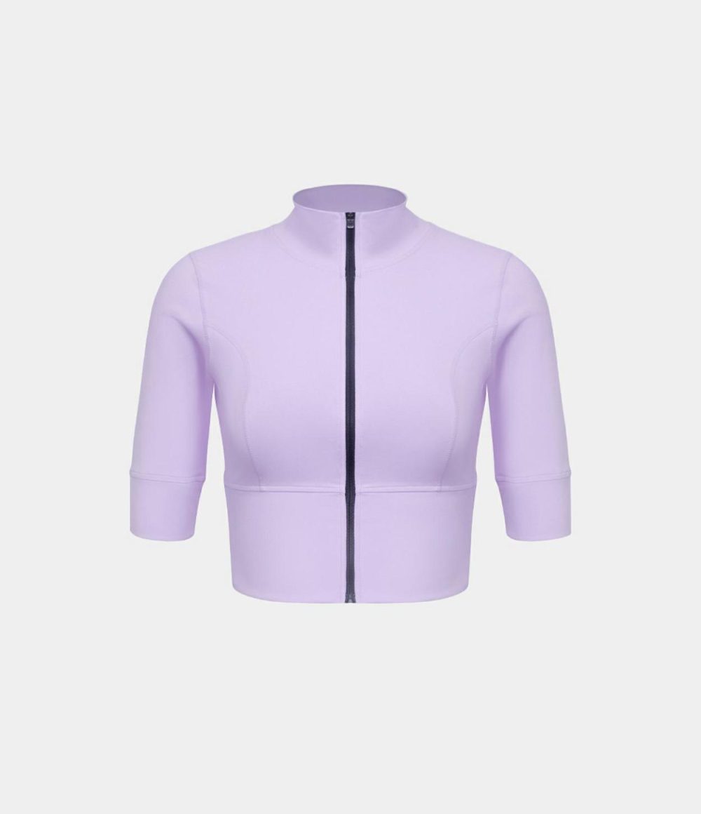 Stand Collar Half Sleeve Zip Front Cropped Golf Sports Top  | Womens  Sports Tops Clothing Lavender Fog/Black/White