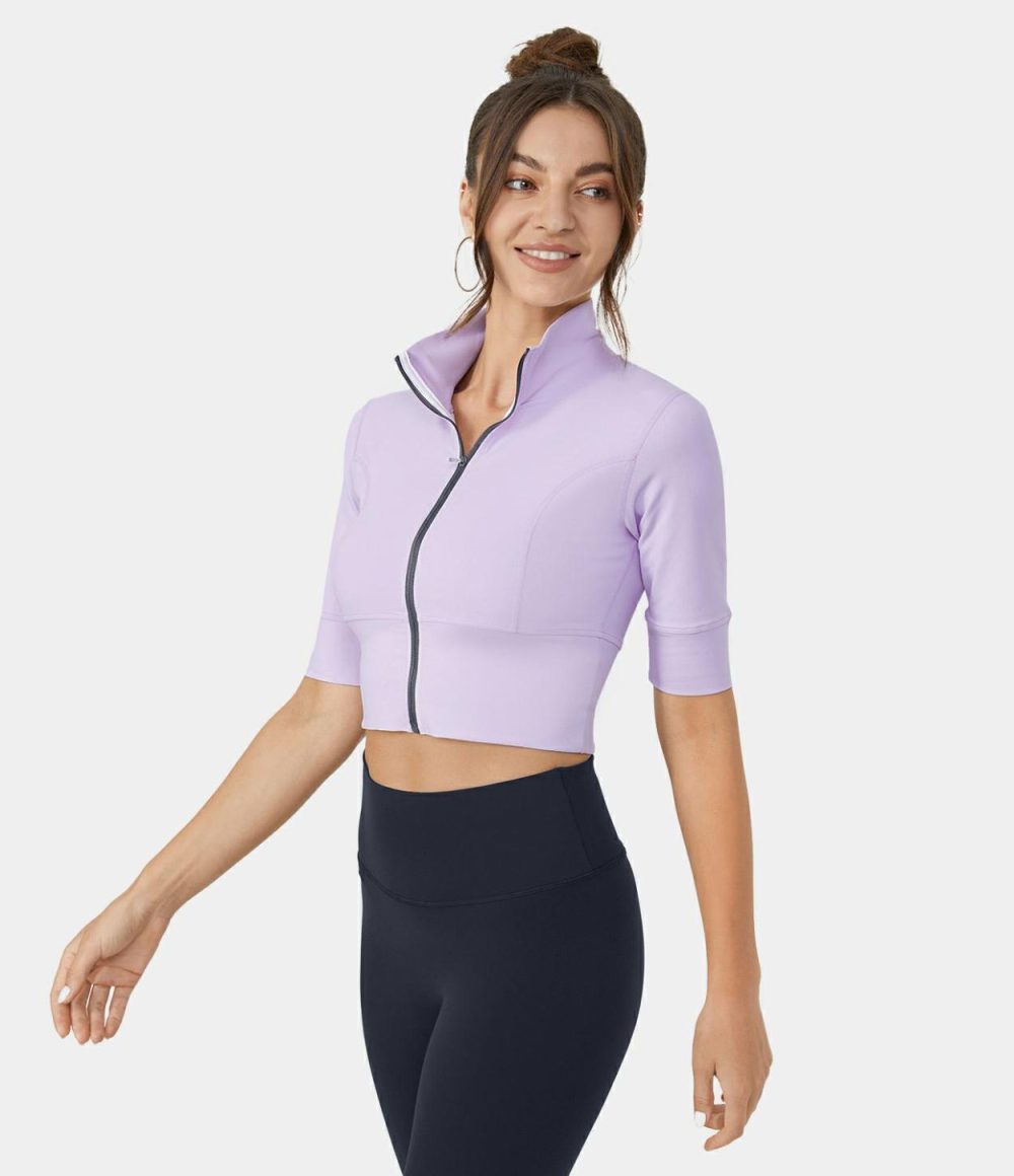 Stand Collar Half Sleeve Zip Front Cropped Golf Sports Top  | Womens  Sports Tops Clothing Lavender Fog/Black/White