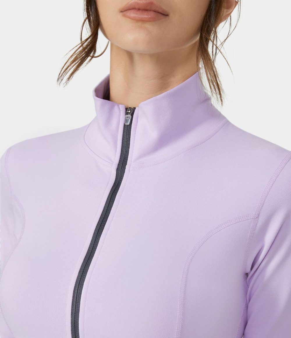 Stand Collar Half Sleeve Zip Front Cropped Golf Sports Top  | Womens  Sports Tops Clothing Lavender Fog/Black/White