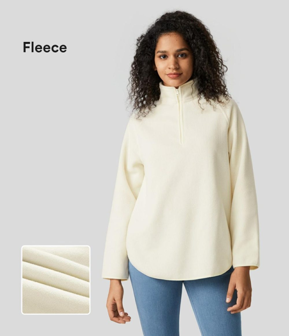 Stand Collar Half Zip Raglan Sleeve Curved Hem Fleece Casual Sweatshirt  | Womens  Long Sleeve Tops Clothing Long Sleeve Tops