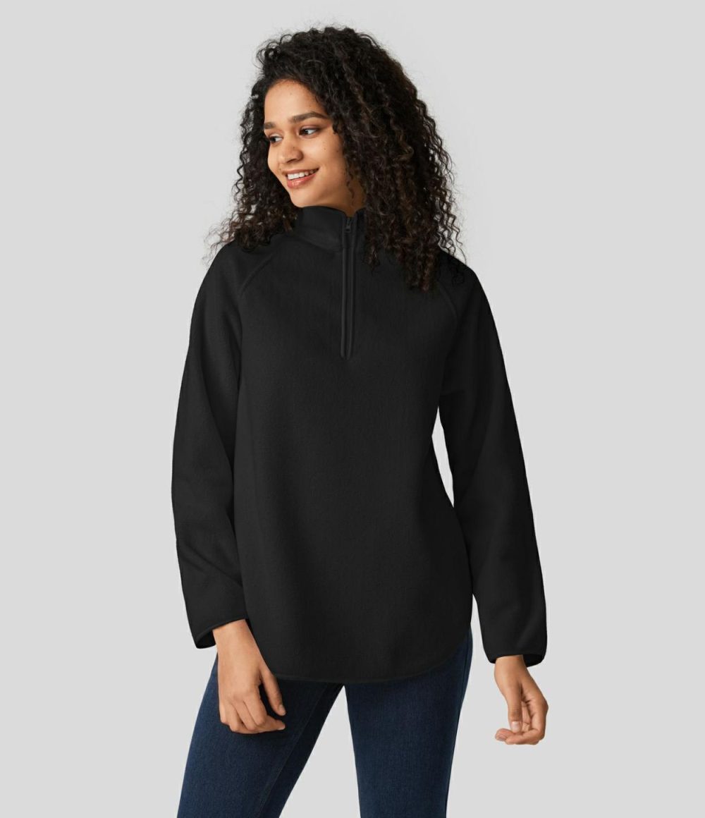 Stand Collar Half Zip Raglan Sleeve Curved Hem Fleece Casual Sweatshirt  | Womens  Long Sleeve Tops Clothing Long Sleeve Tops