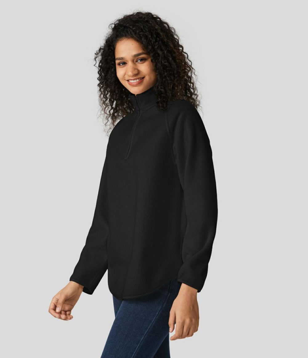 Stand Collar Half Zip Raglan Sleeve Curved Hem Fleece Casual Sweatshirt  | Womens  Long Sleeve Tops Clothing Long Sleeve Tops