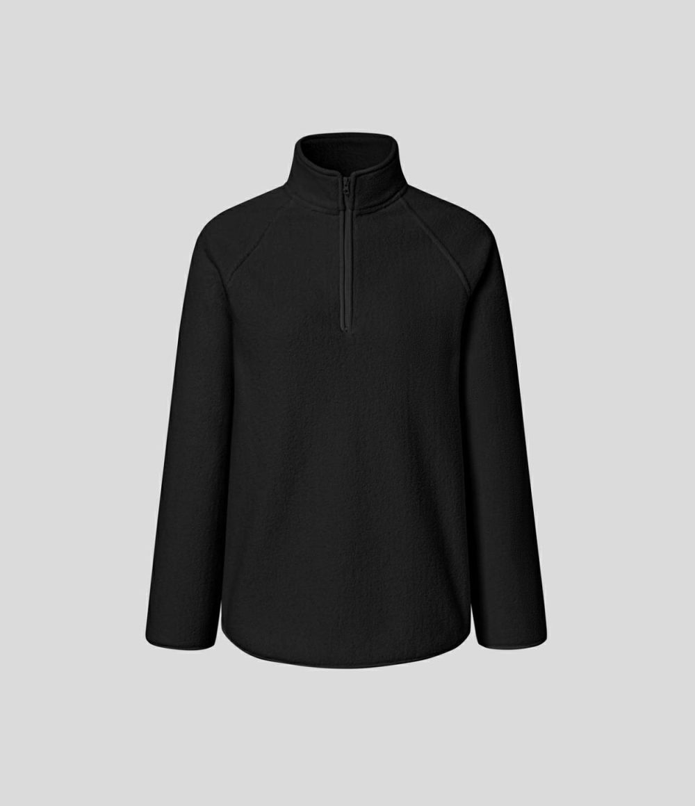 Stand Collar Half Zip Raglan Sleeve Curved Hem Fleece Casual Sweatshirt  | Womens  Long Sleeve Tops Clothing Long Sleeve Tops