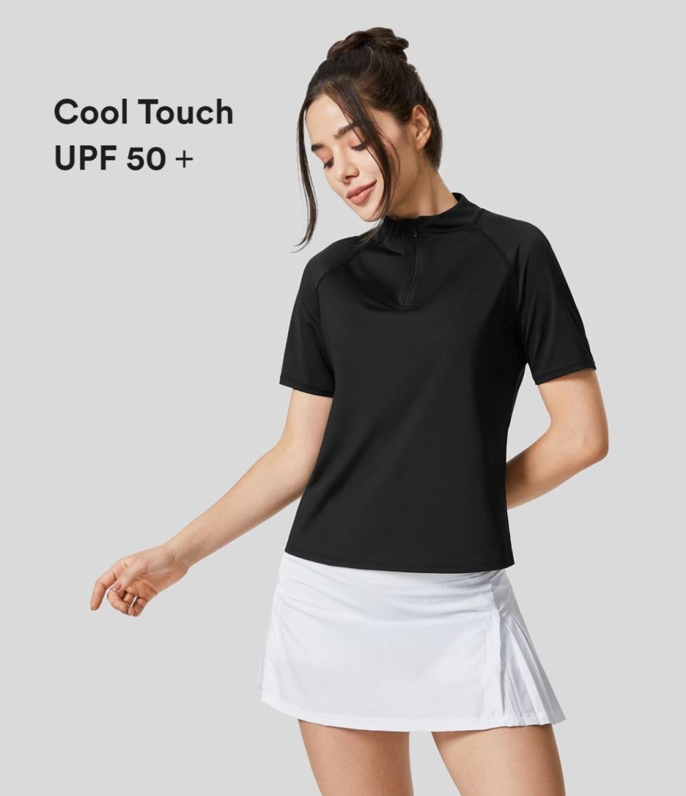 Stand Collar Half Zipper Raglan Sleeve Cool Touch Golf Sports Top-UPF50+  | Womens  Sports Tops Clothing Sports Tops