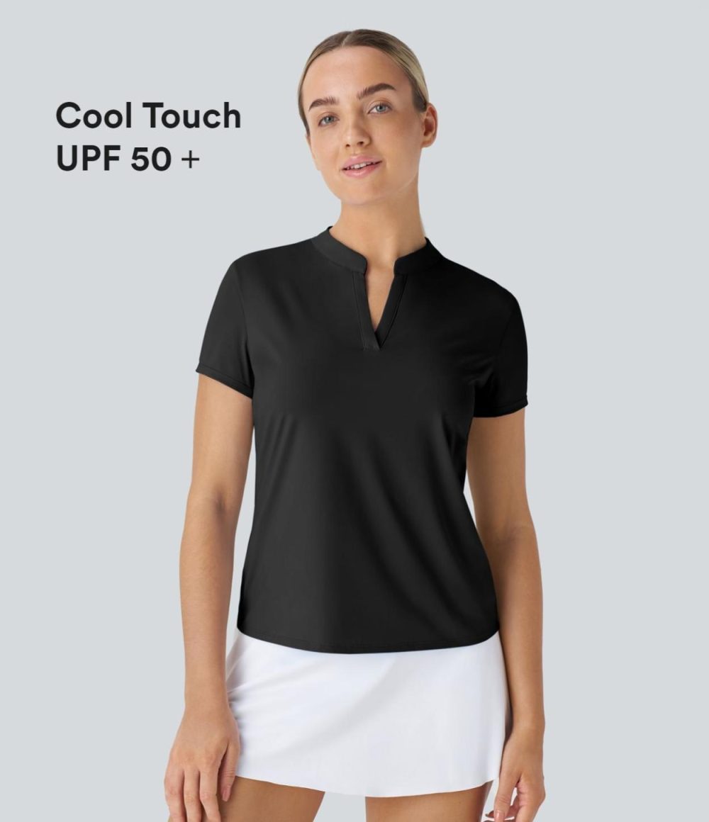 Stand Collar Short Sleeve Cool Touch Tennis Sport Top-UPF50+  | Womens  Sports Tops Clothing Black/Dutch Canal