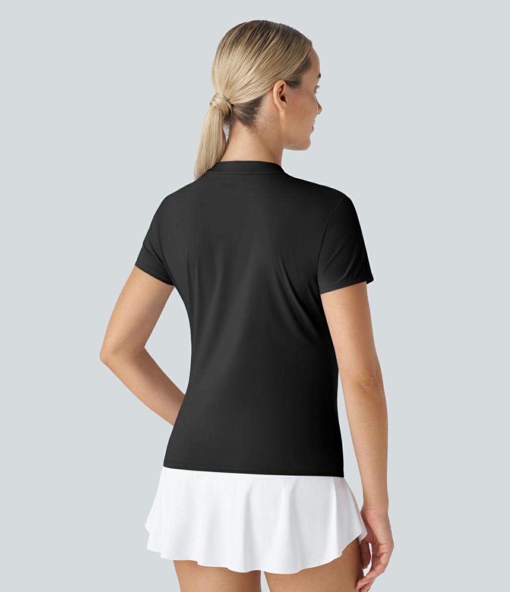 Stand Collar Short Sleeve Cool Touch Tennis Sport Top-UPF50+  | Womens  Sports Tops Clothing Black/Dutch Canal