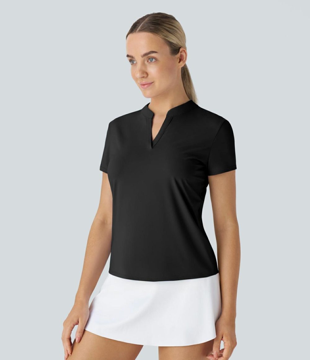 Stand Collar Short Sleeve Cool Touch Tennis Sport Top-UPF50+  | Womens  Sports Tops Clothing Black/Dutch Canal