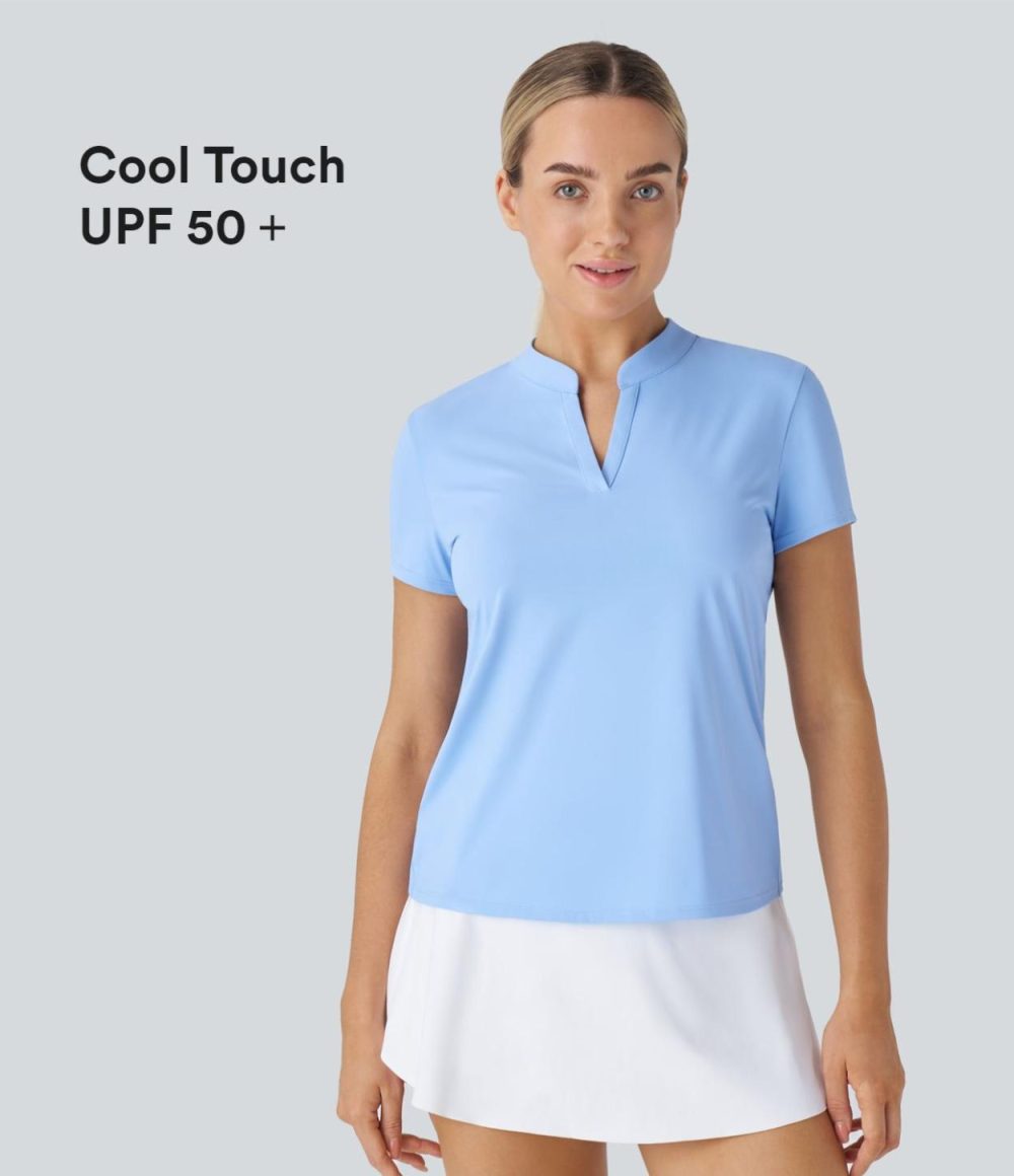 Stand Collar Short Sleeve Cool Touch Tennis Sport Top-UPF50+  | Womens  Sports Tops Clothing Black/Dutch Canal