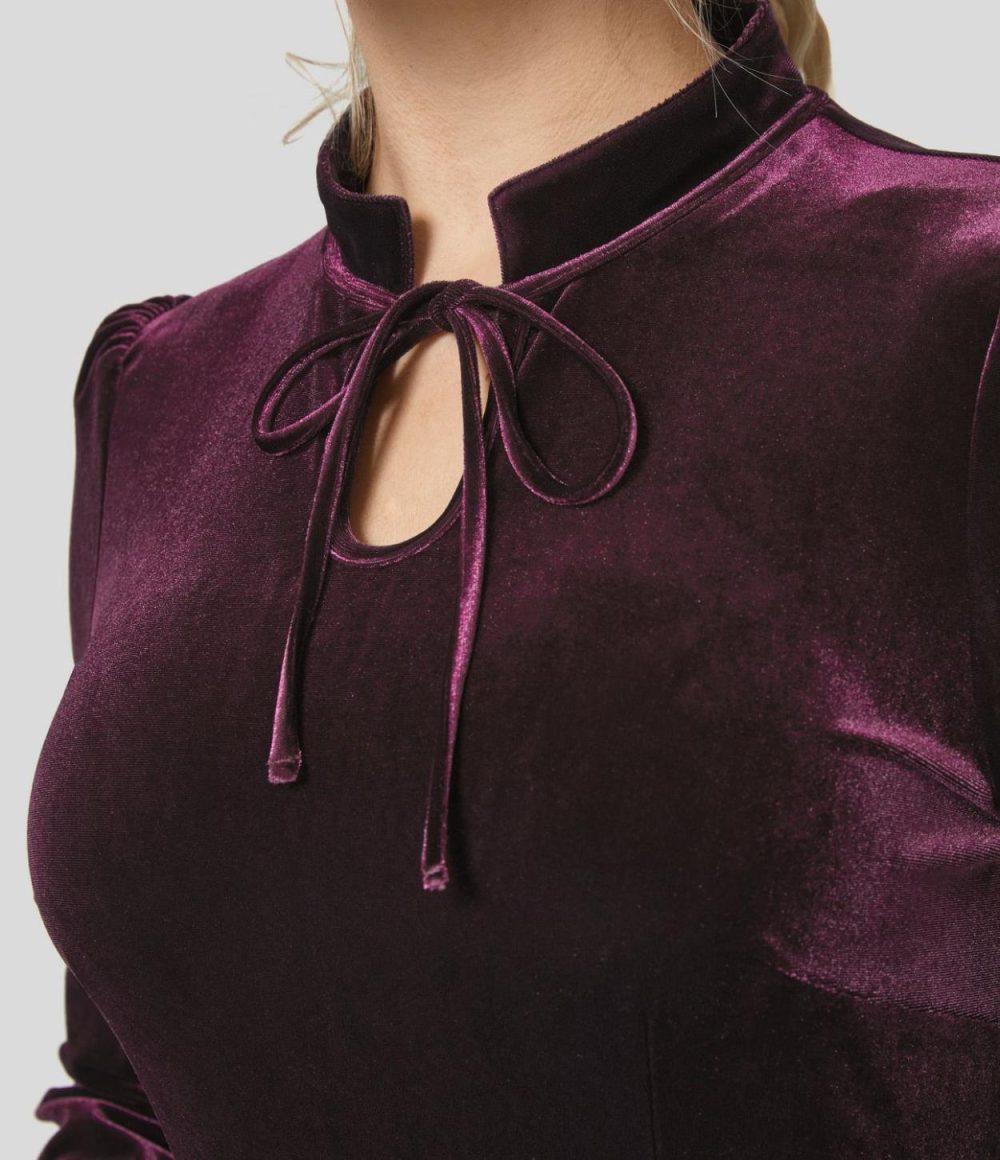 Stand Collar Tie Front Side Invisible zipper Midi Velvet Party Dress  | Womens  Party Dresses Clothing Dusky Purple/Black