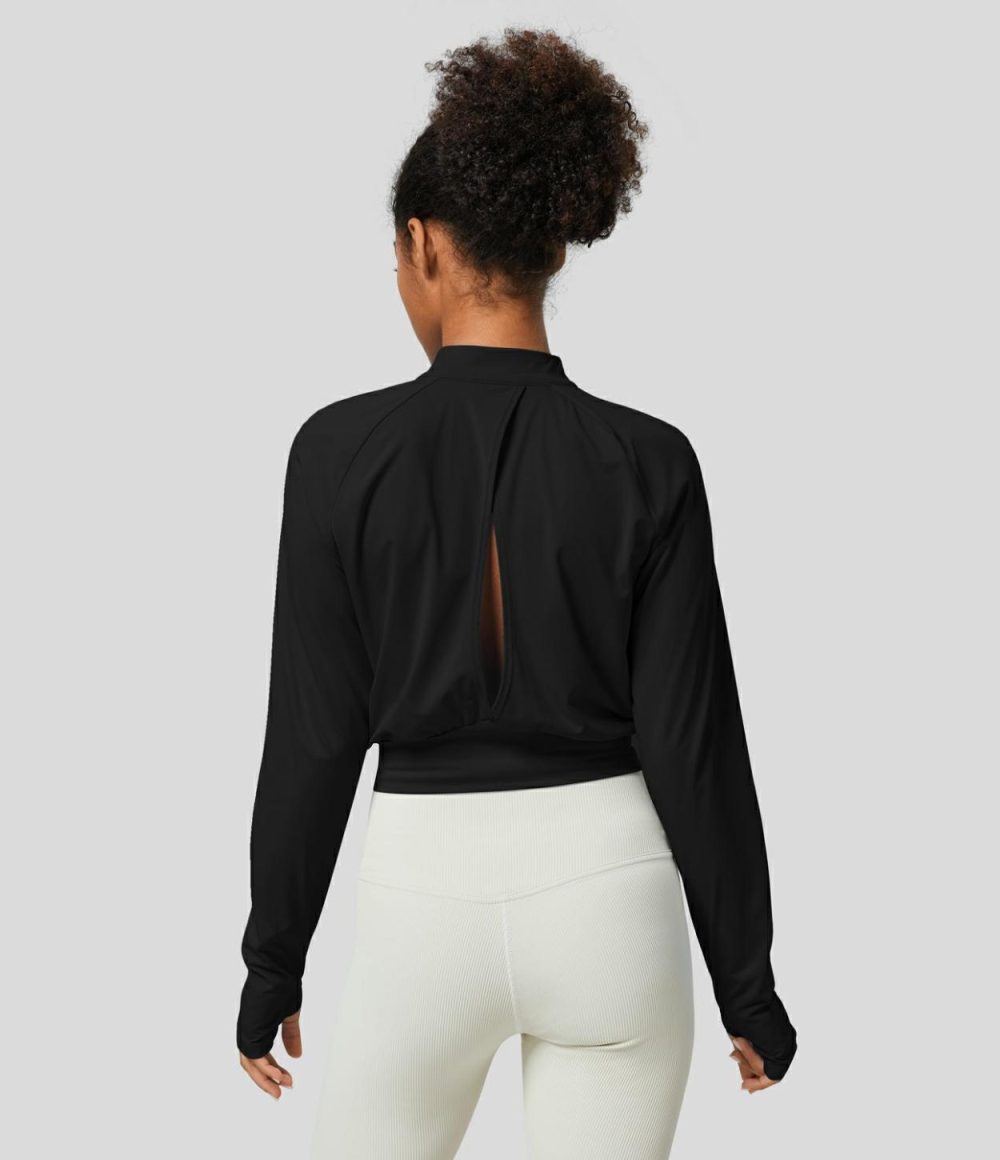 Stand Collar Zipper Thumb Hole Cut Out Cool Touch Yoga Jacket-UPF50+  | Womens  Long Sleeve Tops Clothing Dutch Canal/Black