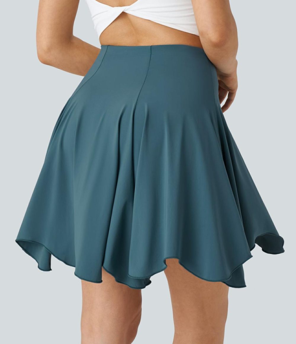 Super High Waisted 2-in-1 Side Pocket Flowy Asymmetric Flare Hem Mini Dance Skirt  | Womens  Mini Skirts Clothing Dark Teal Blue/Tap Shoe