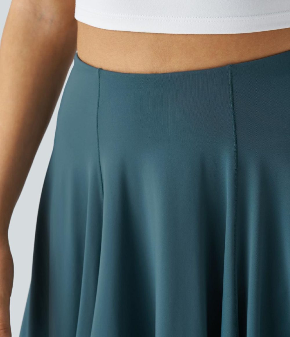 Super High Waisted 2-in-1 Side Pocket Flowy Asymmetric Flare Hem Mini Dance Skirt  | Womens  Mini Skirts Clothing Dark Teal Blue/Tap Shoe