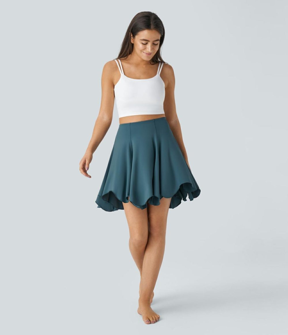 Super High Waisted 2-in-1 Side Pocket Flowy Asymmetric Flare Hem Mini Dance Skirt  | Womens  Mini Skirts Clothing Dark Teal Blue/Tap Shoe