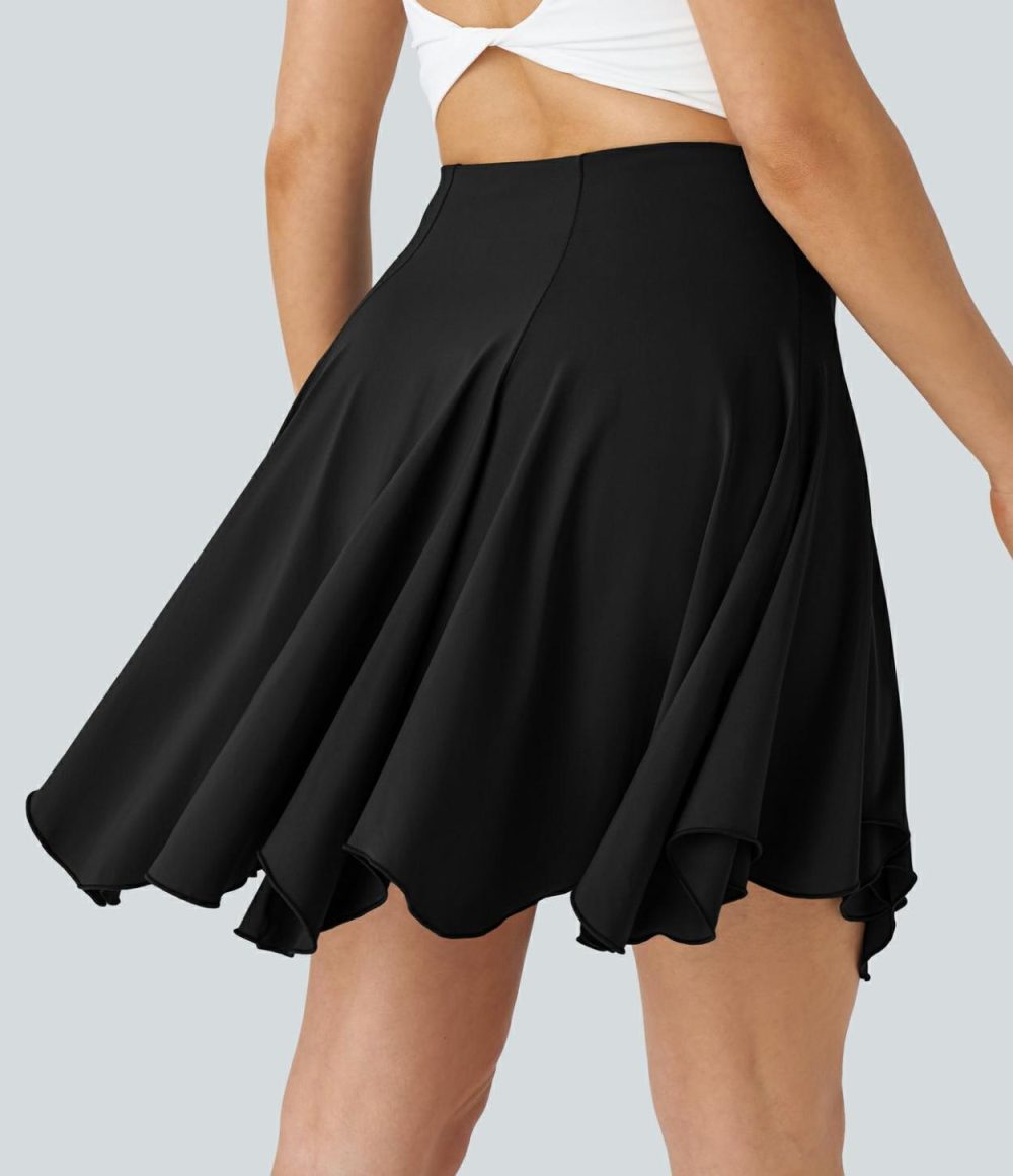 Super High Waisted 2-in-1 Side Pocket Flowy Asymmetric Flare Hem Mini Dance Skirt  | Womens  Mini Skirts Clothing Dark Teal Blue/Tap Shoe