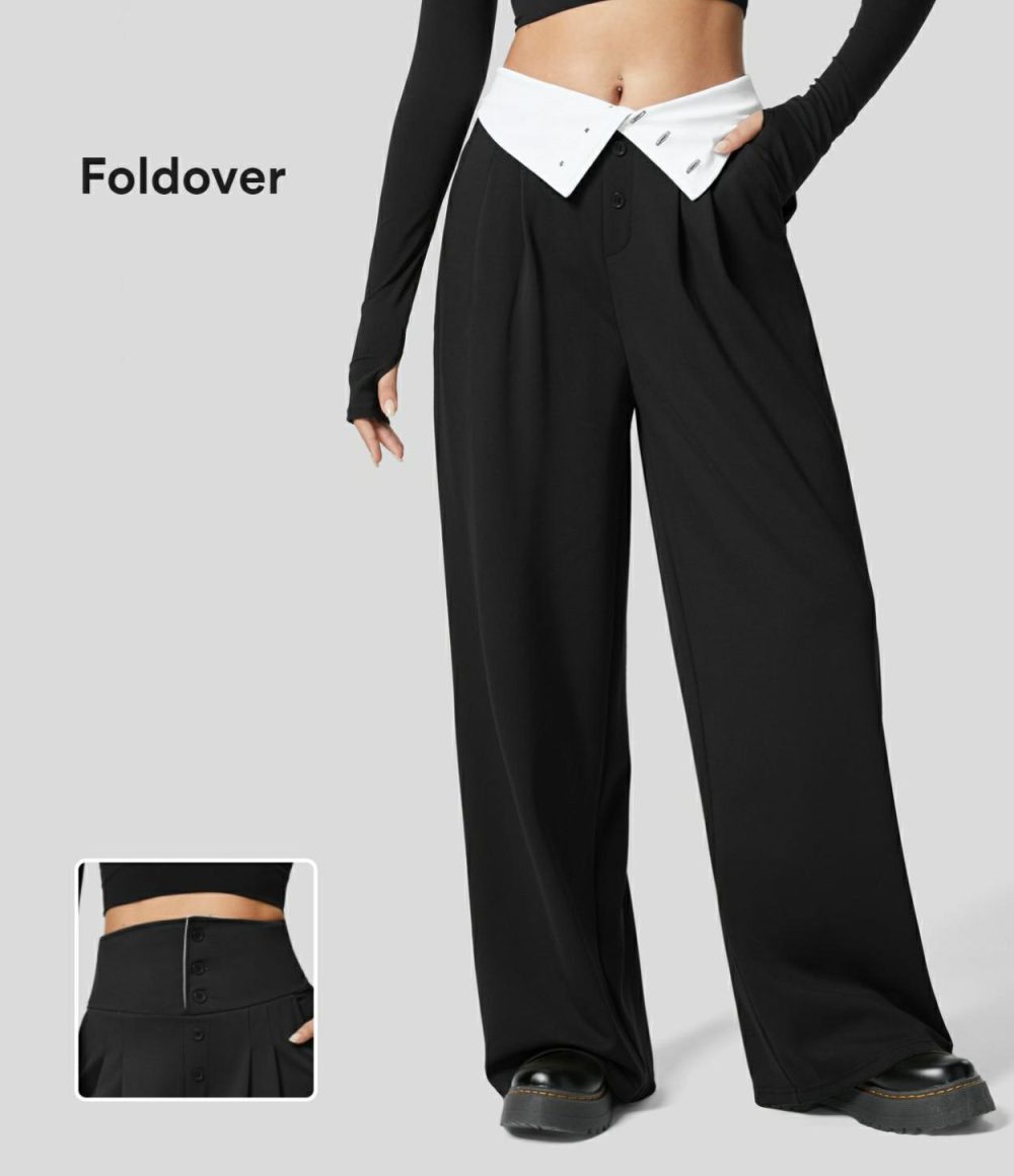 Super High Waisted Foldover Plicated Side Pocket Wide Leg Work Suit Pants  | Womens  Active Work Pants Active Work Pants Active Work Pants