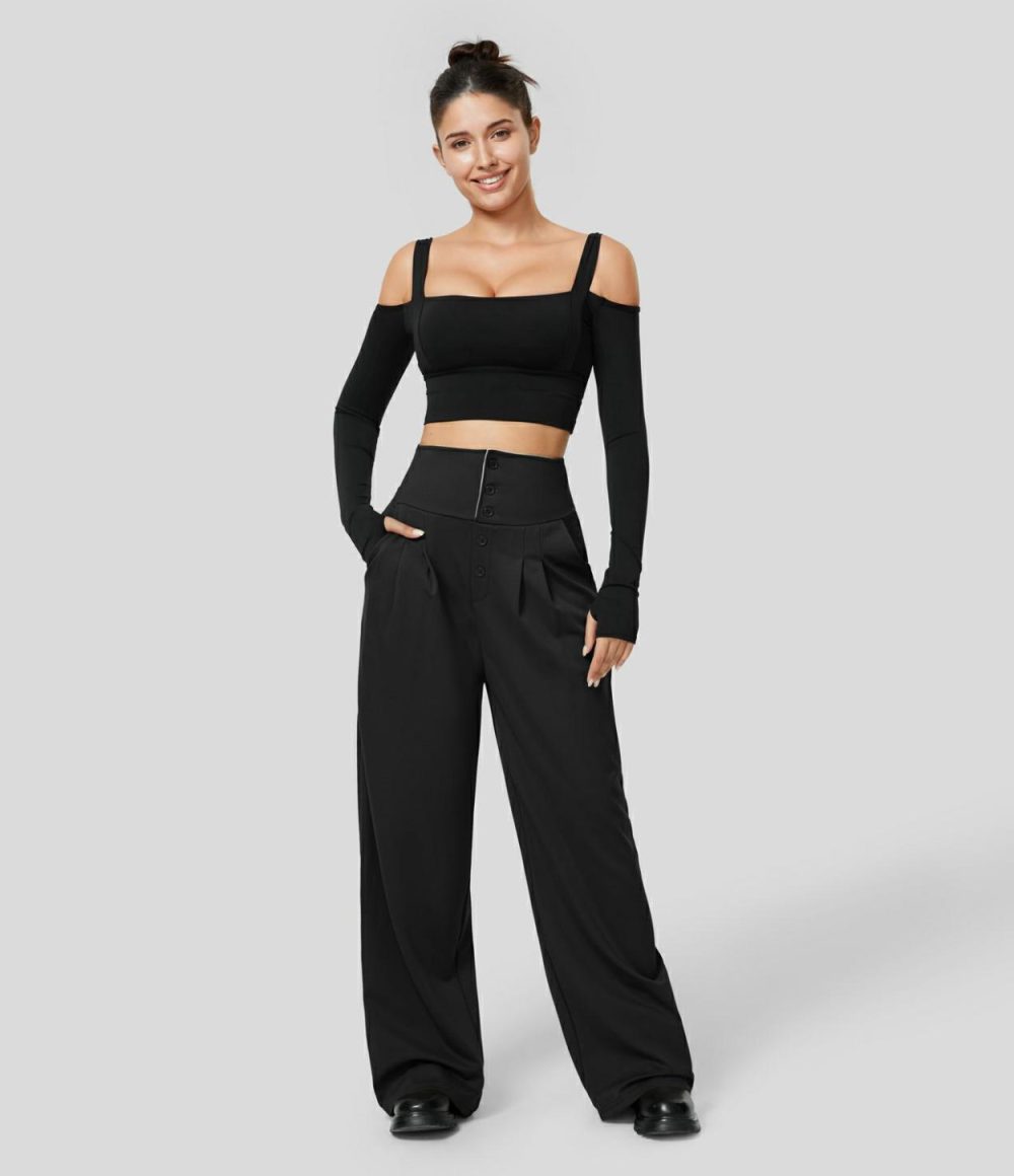 Super High Waisted Foldover Plicated Side Pocket Wide Leg Work Suit Pants  | Womens  Active Work Pants Active Work Pants Active Work Pants